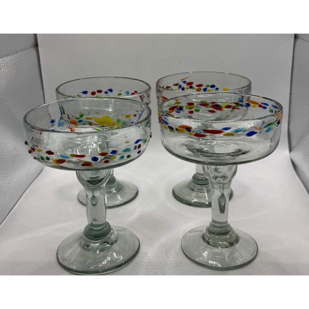 Mexican Hand Blown Margarita Glasses Confetti Pebble Multi Color Rim Set of 4